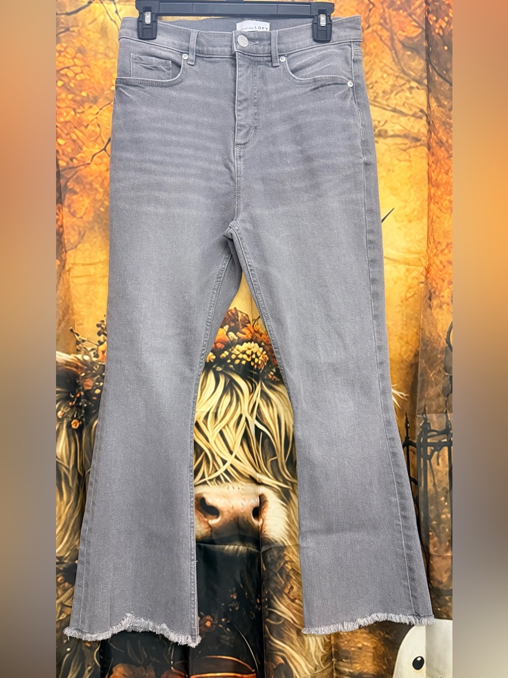 LOFT High Waist Kick Crop Gray Flare Jeans with Raw Hem